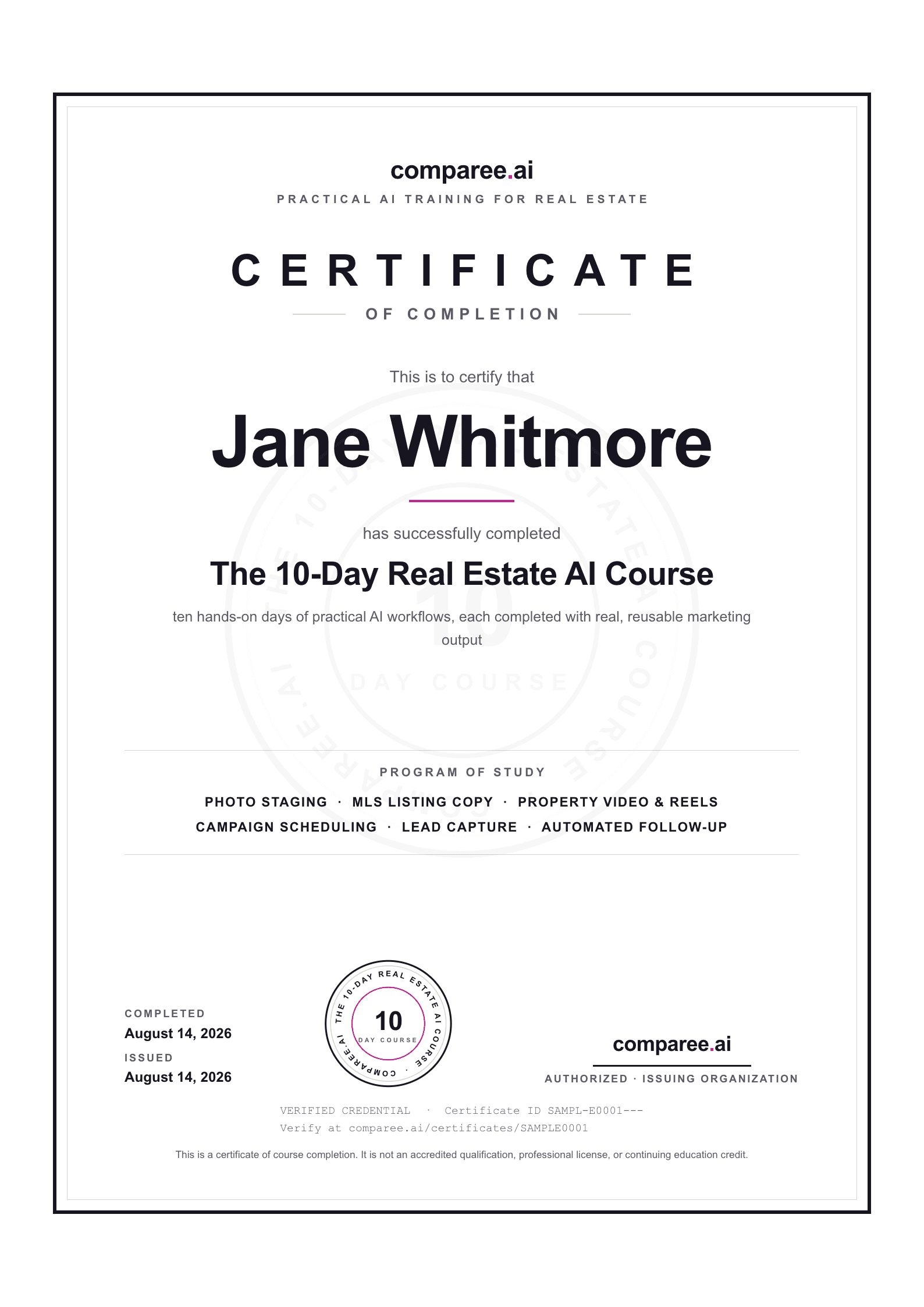 Certificate of Completion for The 10-Day Real Estate AI Course, issued in your name.