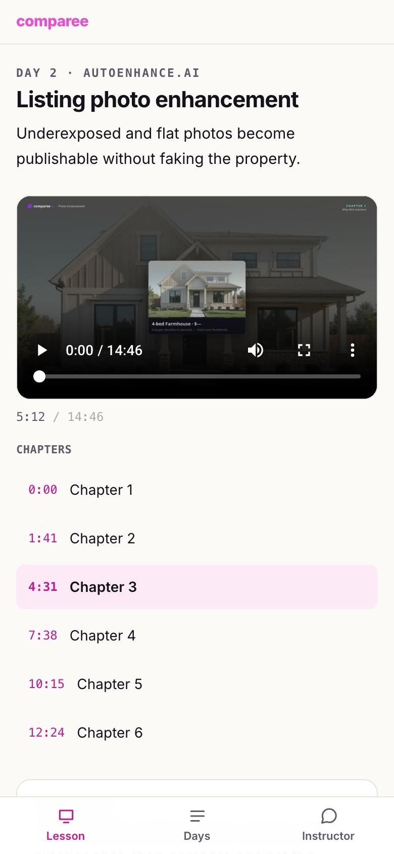 The course on a phone: the Day 2 lesson video, today's task, and the Lesson / Days / Instructor tabs.