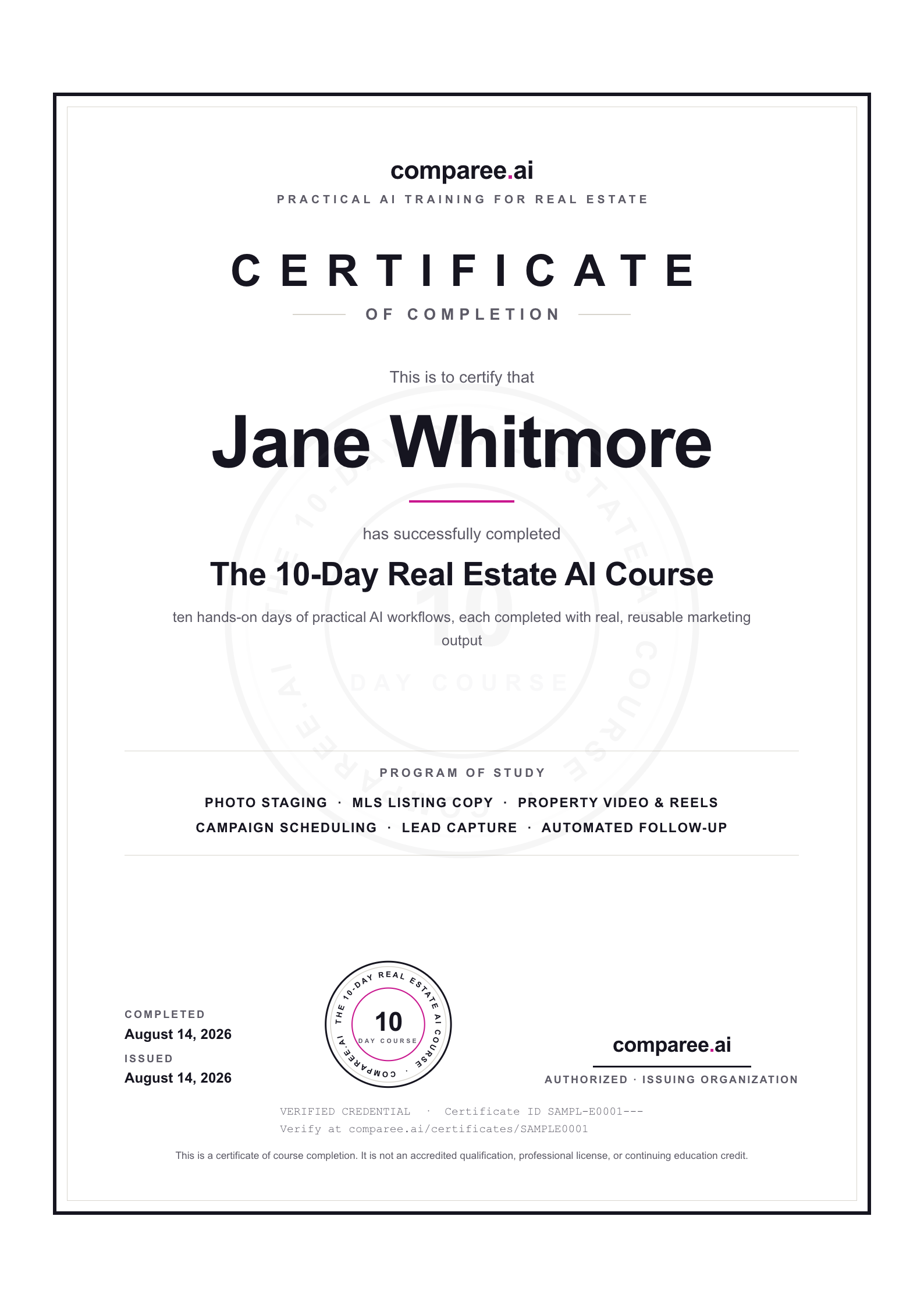 Certificate of Completion for The 10-Day Real Estate AI Course, issued by Comparee.ai