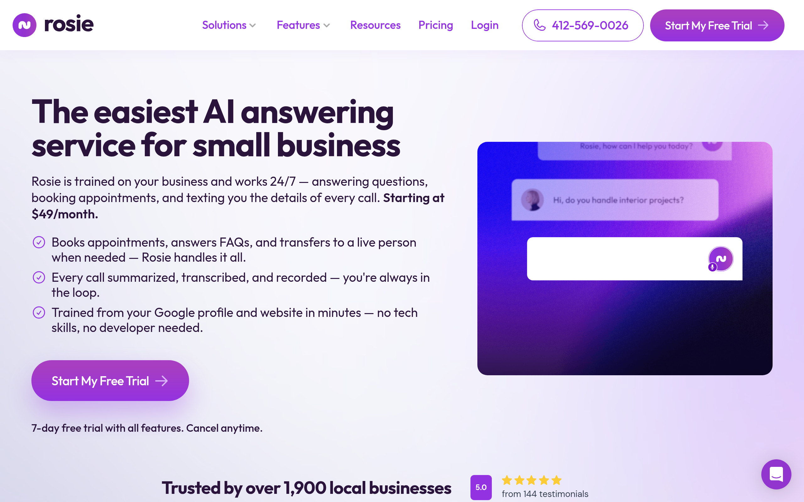 Rosie AI Call Answering Service screenshot