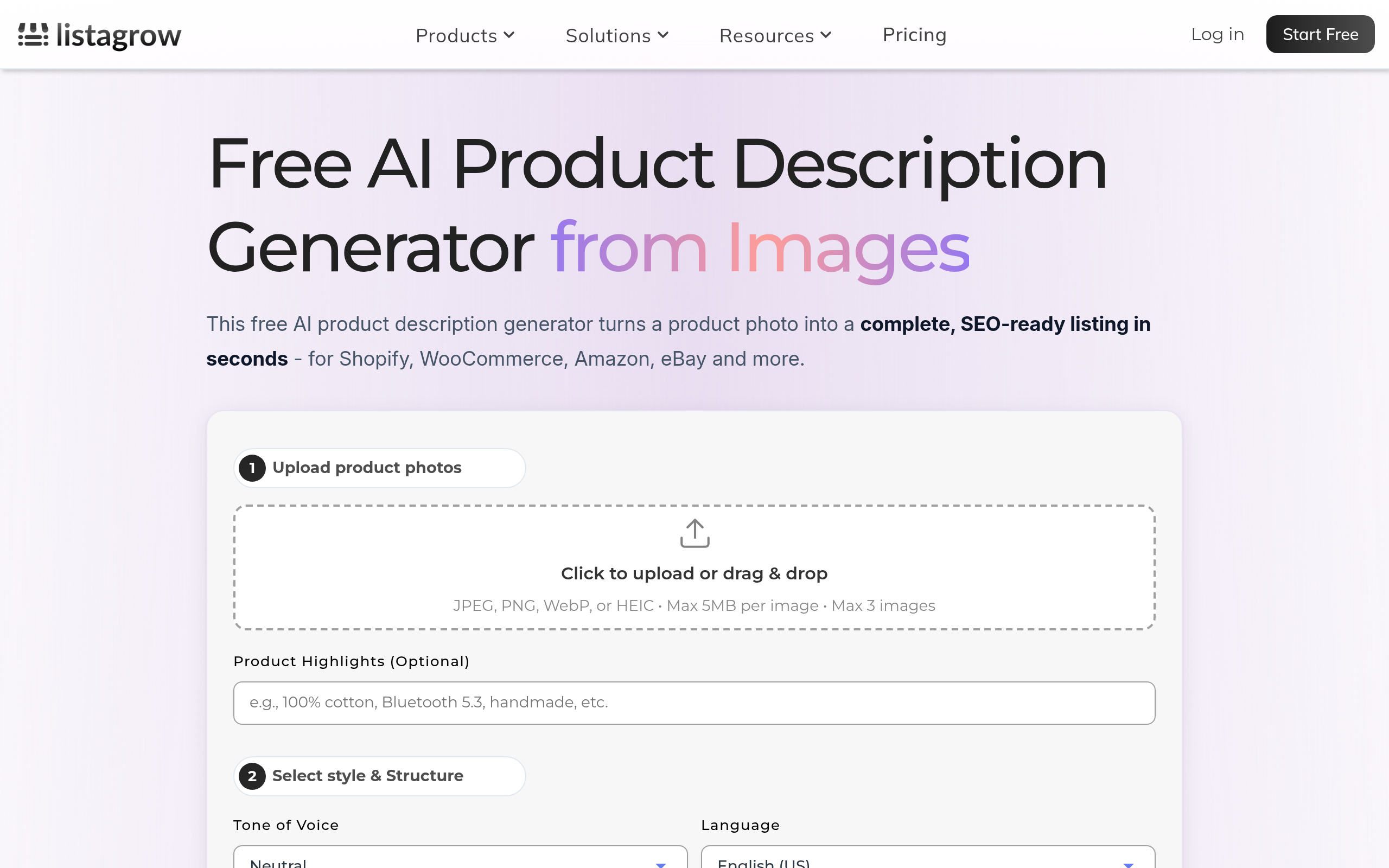 Listagrow Free AI Product Description Generator from Image